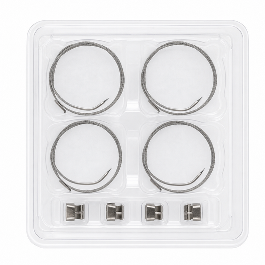 Imagen ilustrativa optimizada: Zimmer Biomet 400-411, cuatro cables esternales de acero inoxidable de 1.1 mm con agujas de corte inverso y cuatro abrazaderas, sobre fondo blanco