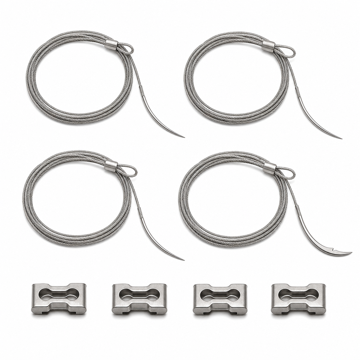 Imagen ilustrativa optimizada: Zimmer Biomet 401-020, cuatro cables esternales de acero inoxidable de 1.1 mm con tres agujas cónicas y una aguja de corte inverso, más cuatro abrazaderas, sobre fondo blanco