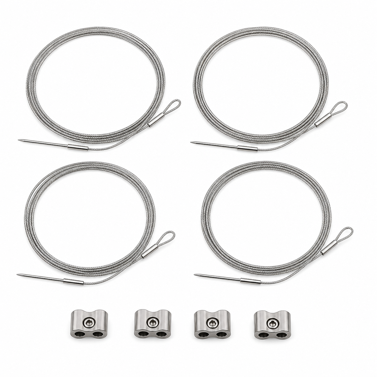 Imagen ilustrativa optimizada: Zimmer Biomet 401-096, cuatro cables esternales de titanio de 1.3 mm con agujas cortantes y cuatro abrazaderas, sobre fondo blanco