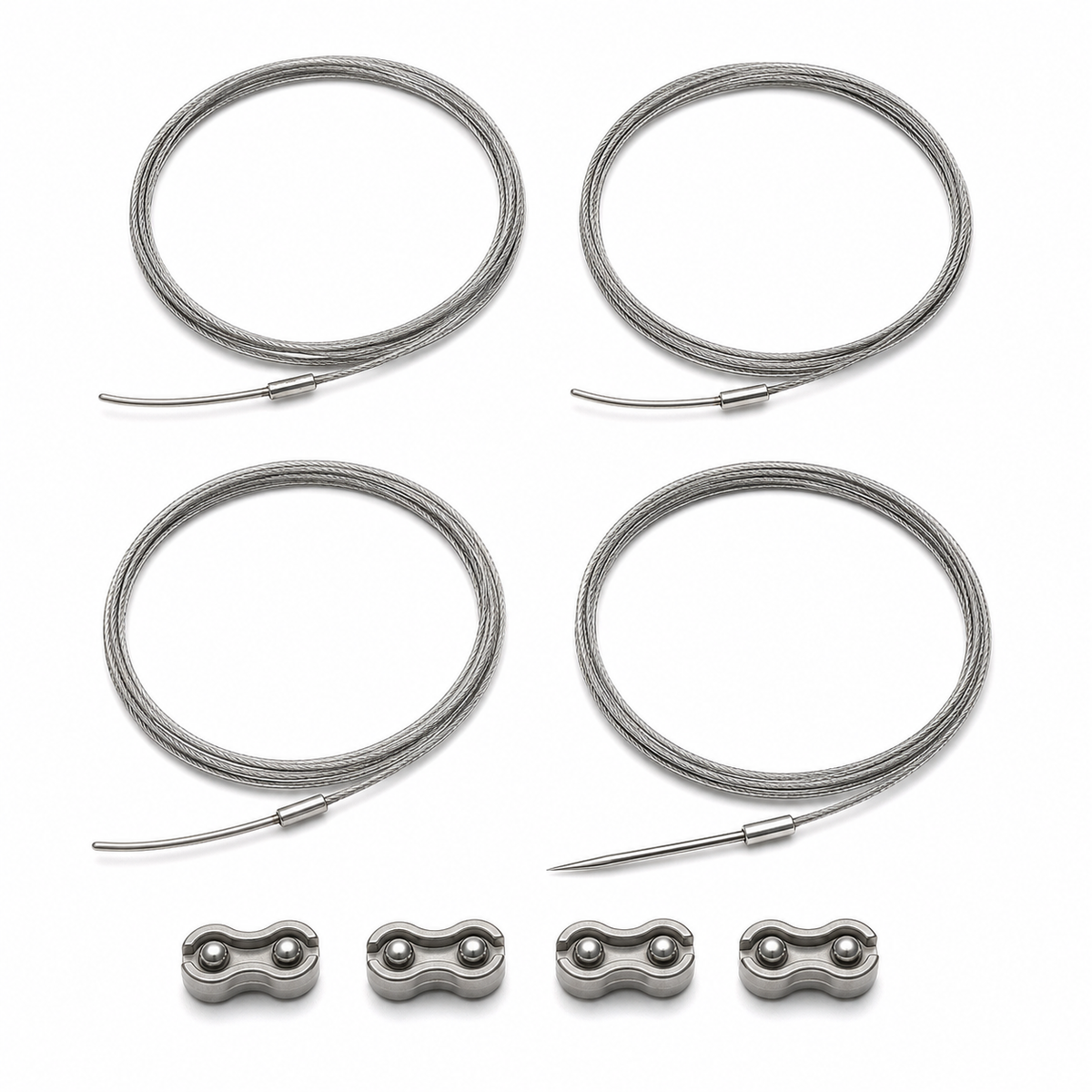 Imagen ilustrativa optimizada: Zimmer Biomet 402-523, cuatro cables esternales de acero inoxidable de 1.1 mm, tres agujas sin punta, una aguja cortante y cuatro abrazaderas, sobre fondo blanco