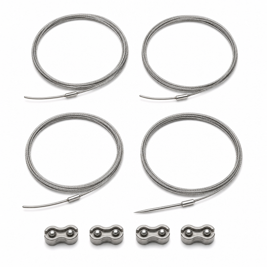 Imagen ilustrativa optimizada: Zimmer Biomet 402-523, cuatro cables esternales de acero inoxidable de 1.1 mm, tres agujas sin punta, una aguja cortante y cuatro abrazaderas, sobre fondo blanco
