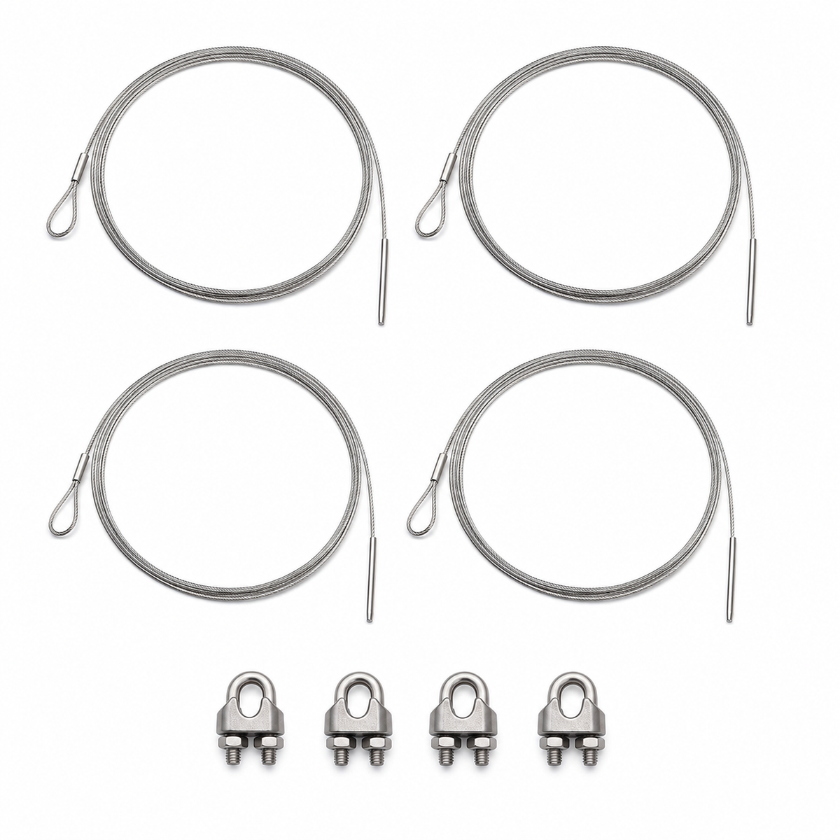 Imagen ilustrativa optimizada: Zimmer Biomet 402-618, cuatro cables esternales de acero inoxidable de 1.1 mm con agujas sin punta y cuatro abrazaderas, sobre fondo blanco