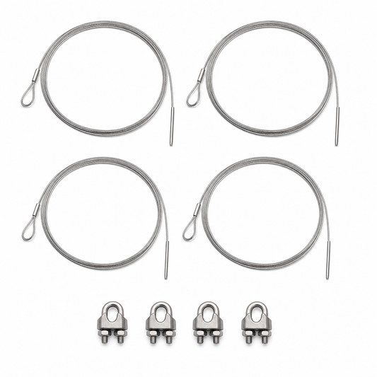 Imagen ilustrativa optimizada: Zimmer Biomet 402-618, cuatro cables esternales de acero inoxidable de 1.1 mm con agujas sin punta y cuatro abrazaderas, sobre fondo blanco
