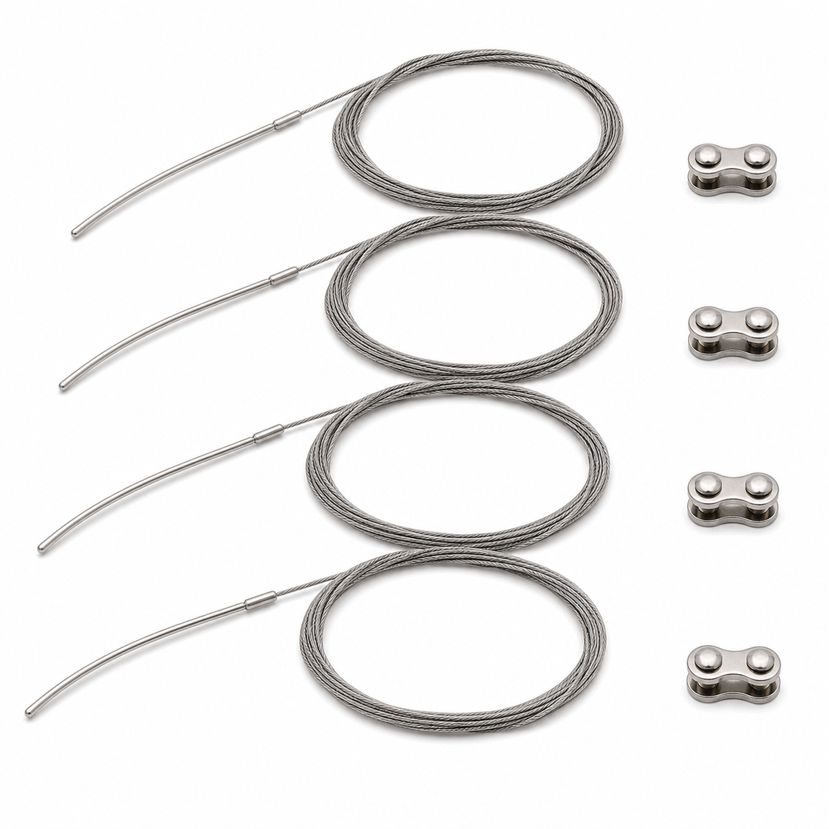 Imagen ilustrativa optimizada: Zimmer Biomet 408-722, cuatro cables esternales de titanio de 1.3 mm con agujas sin punta y cuatro abrazaderas, sobre fondo blanco